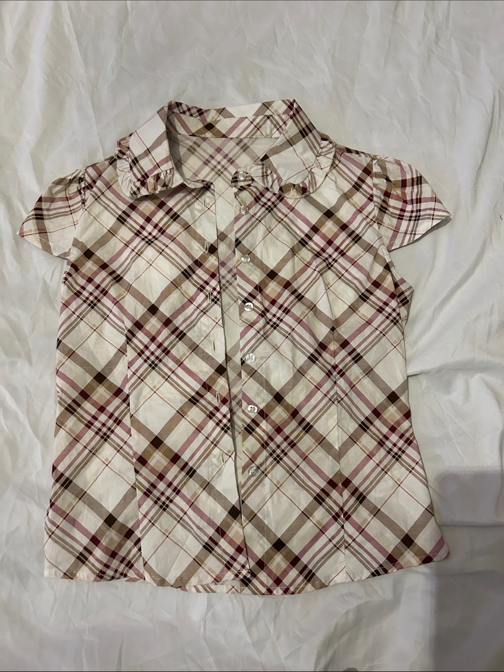 Girls Plaid Short Sleeve Button-Up Shirt - White, Pink & Brown